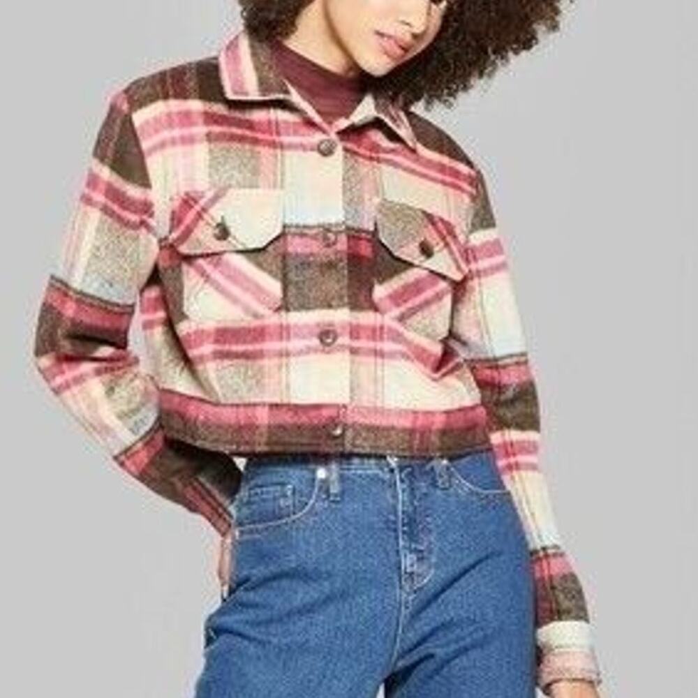 Wild Fable Womens Cropped Plaid Flannel Shirt Sz L Gorpcore Granola Girl Grunge